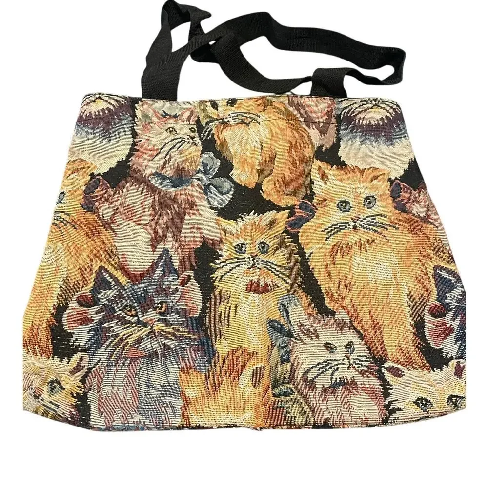 Vintage Cat Tapestry Tote Bag Woven Animal Print Shoulder Bag‎ Multicolor